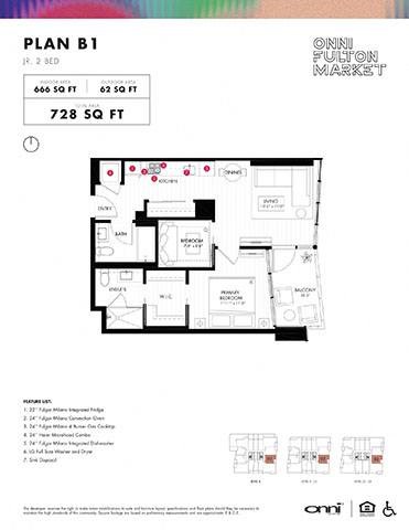 Floor plan for 2 beds, 2 baths, 666 sqft